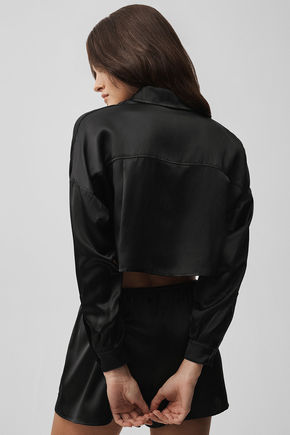 Silk Luminous Cropped Button Down Long Sleeve - Black