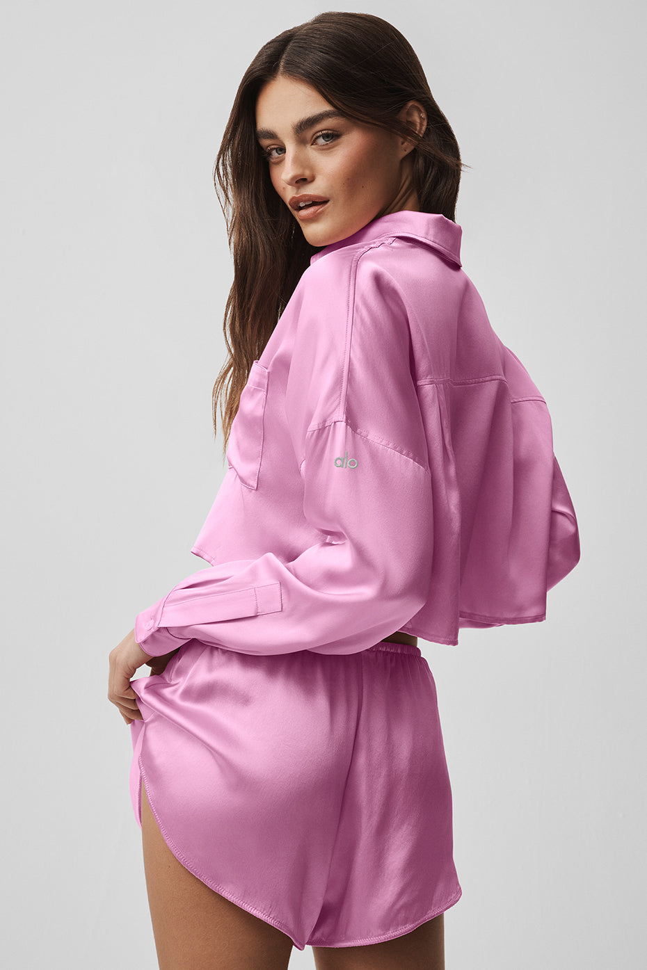 Silk Luminous Cropped Button Down Long Sleeve - Candy Heart Pink