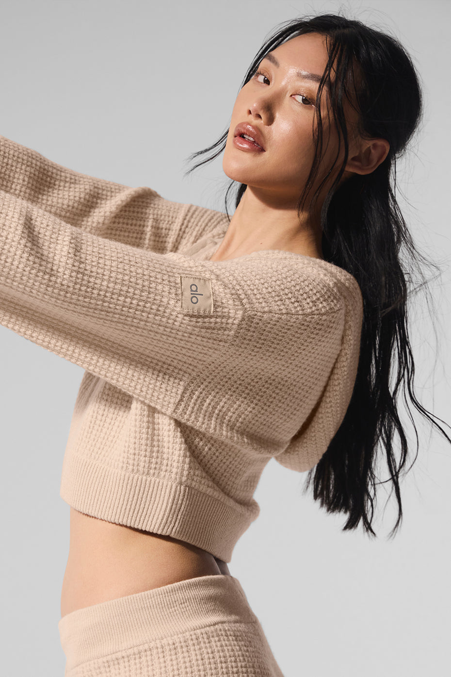 Cashmere Plush Waffle Full Zip Hoodie - Macadamia Blush