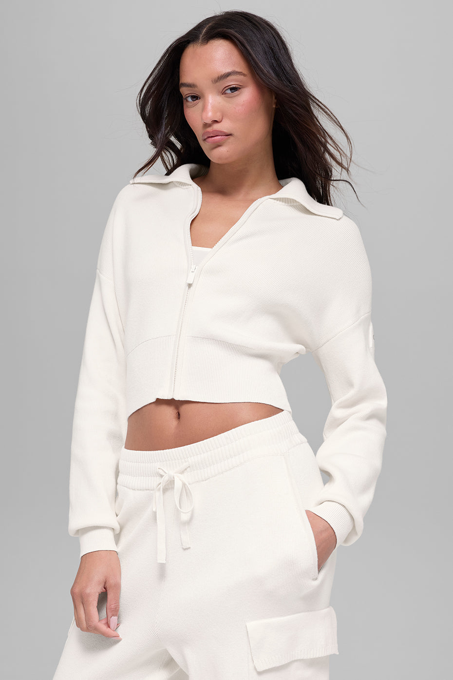 Scholar Knit Cropped Full Zip Jacket - Ivory