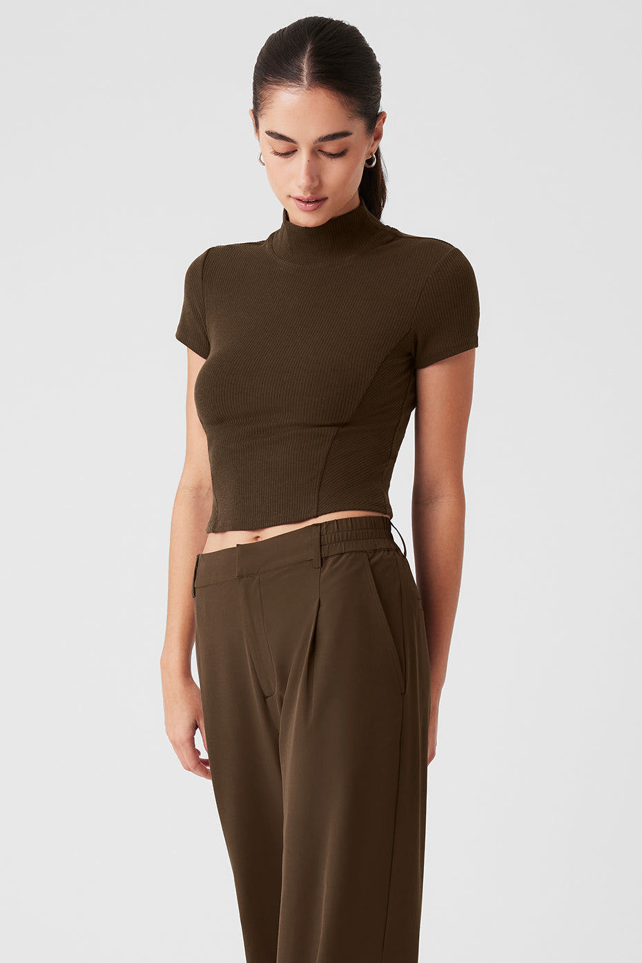 Wellness Rib Mock Neck Polished Short Sleeve - Espresso