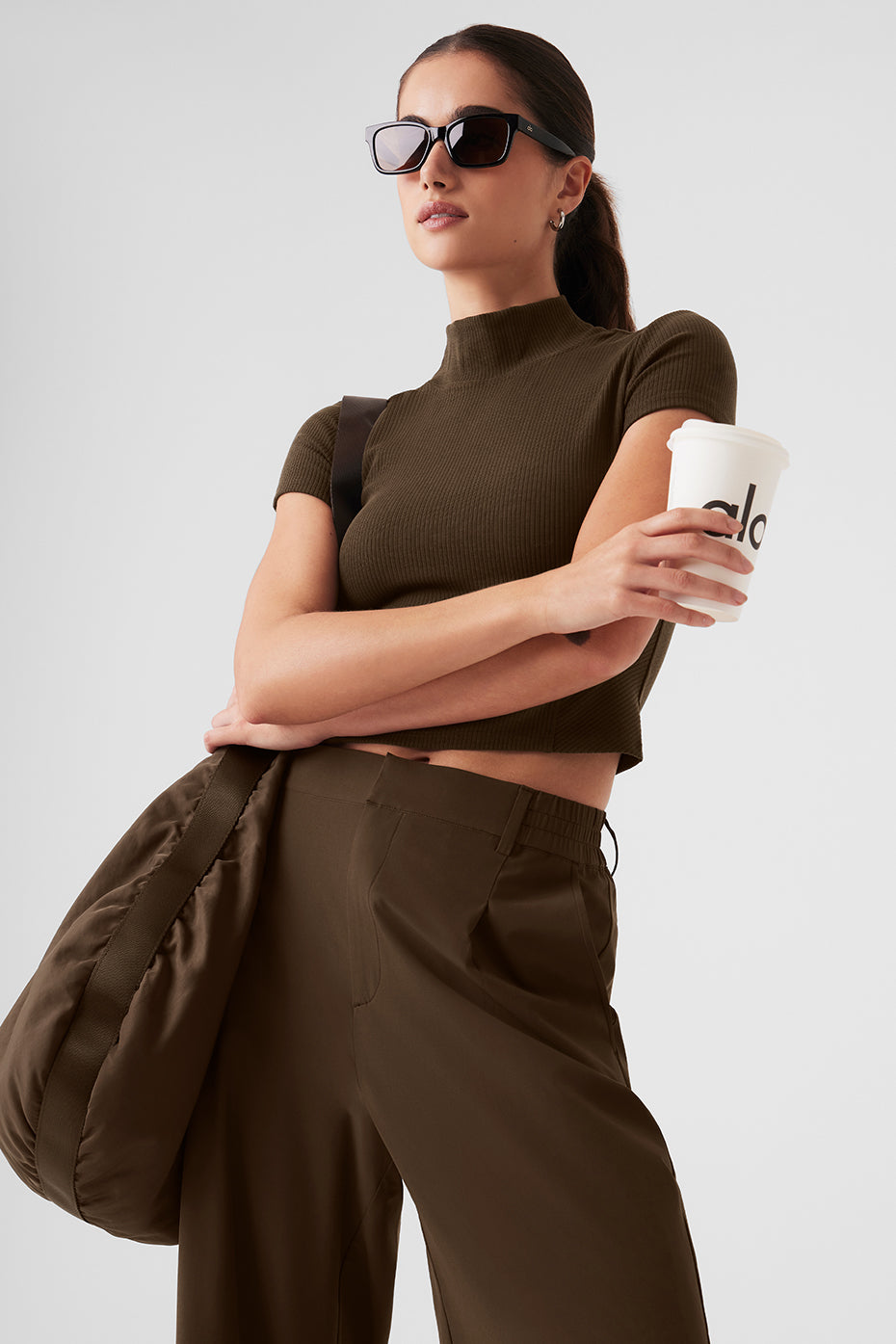 Wellness Rib Mock Neck Polished Short Sleeve - Espresso