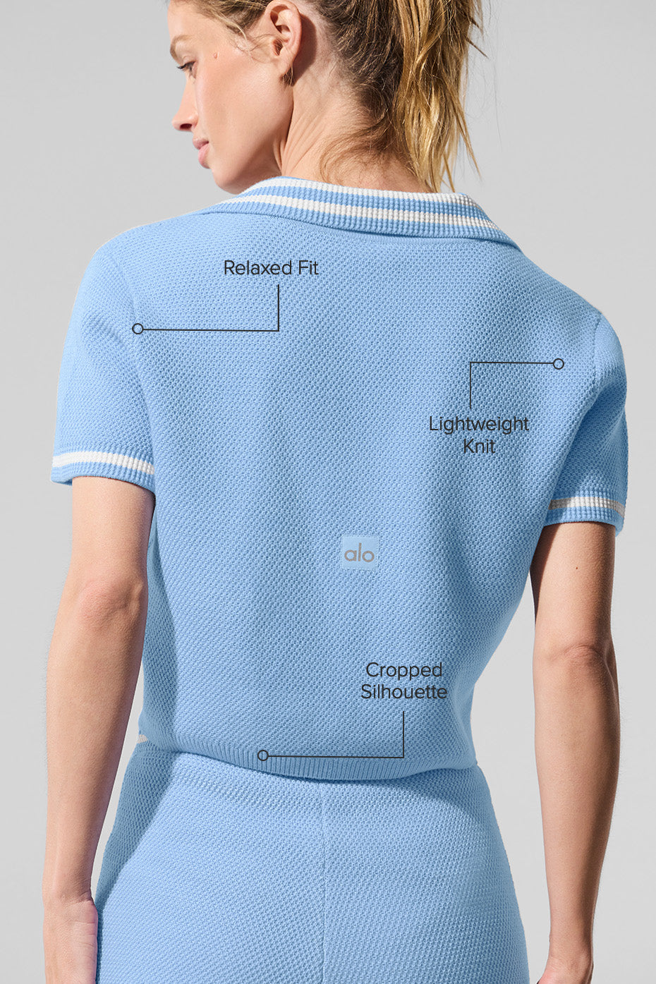 Tennis Club Sweater Knit Cropped Polo - Seashell Blue/White