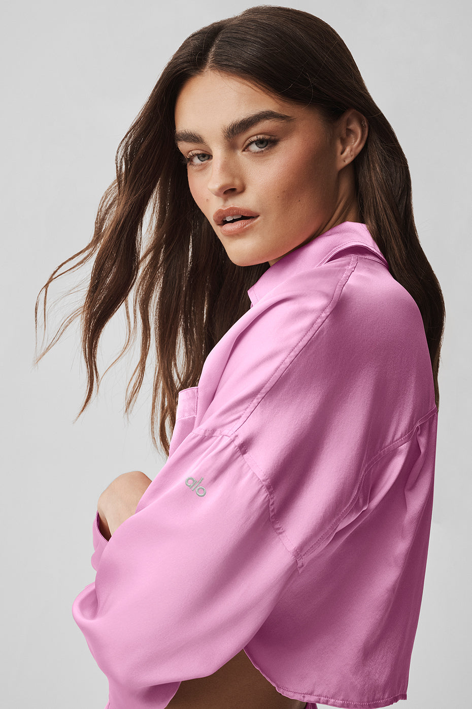 Silk Luminous Cropped Button Down Long Sleeve - Candy Heart Pink