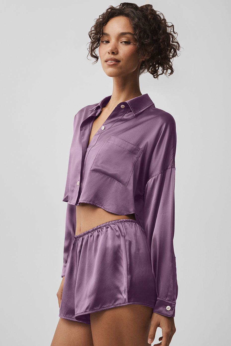 Silk Luminous Cropped Button Down Long Sleeve - Plum Kiss