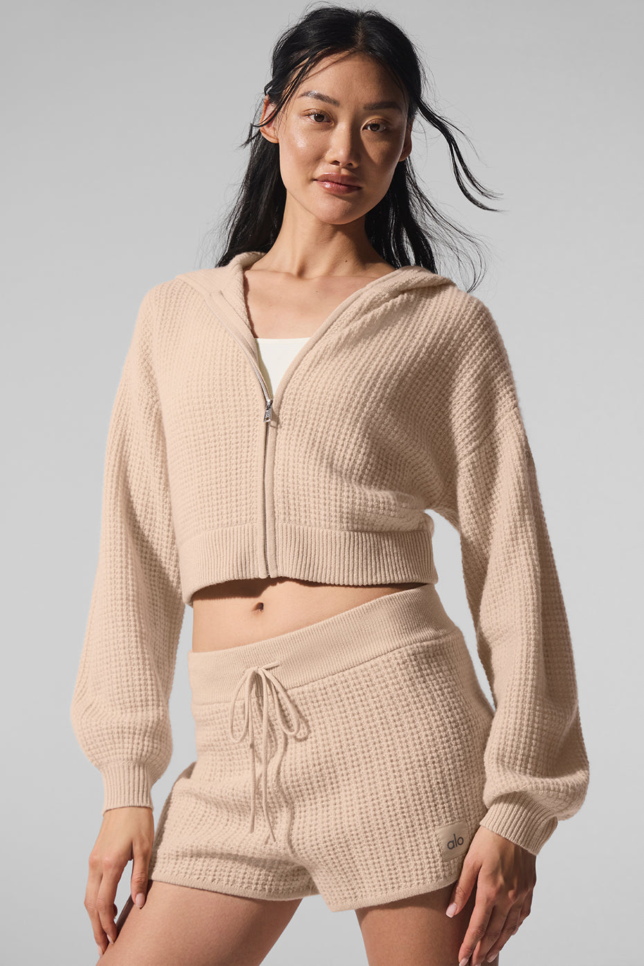 Cashmere Plush Waffle Full Zip Hoodie - Macadamia Blush