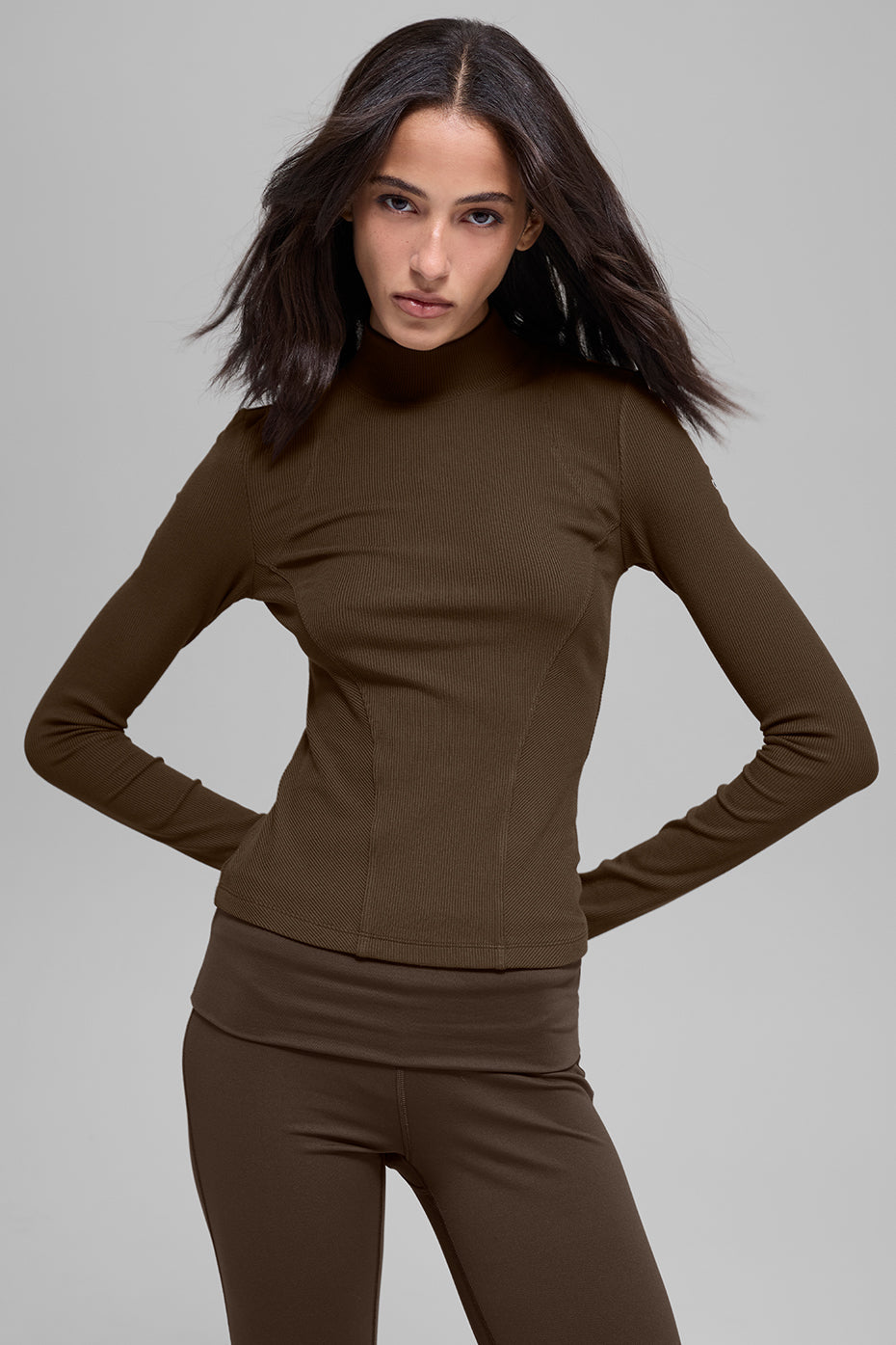 Ribbed Mesmerize Mock Neck Long Sleeve - Espresso