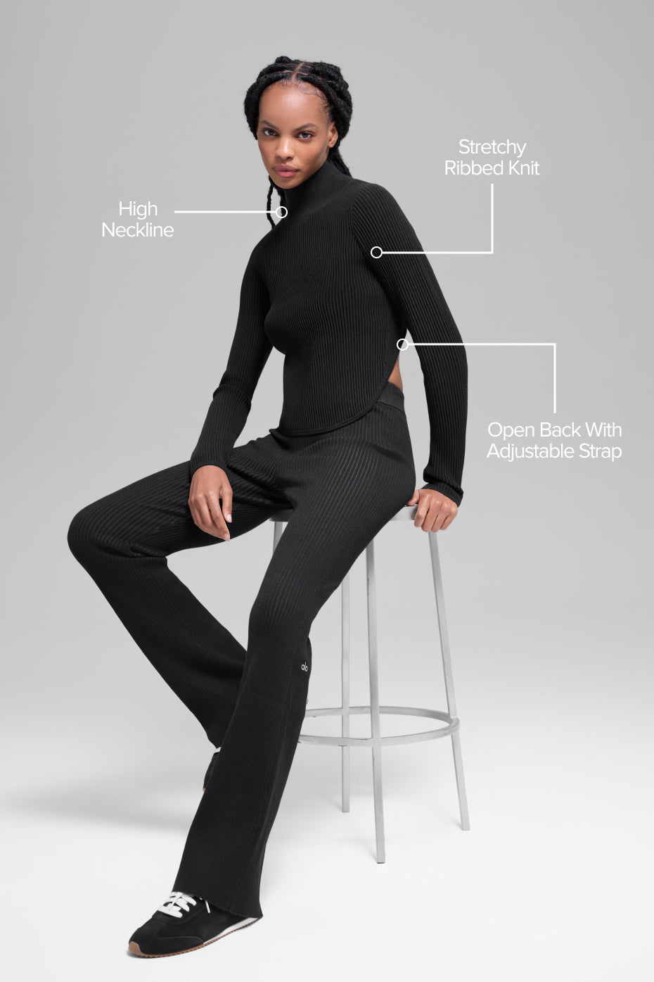 Denim Knit Backless Long Sleeve - Black/Anthracite